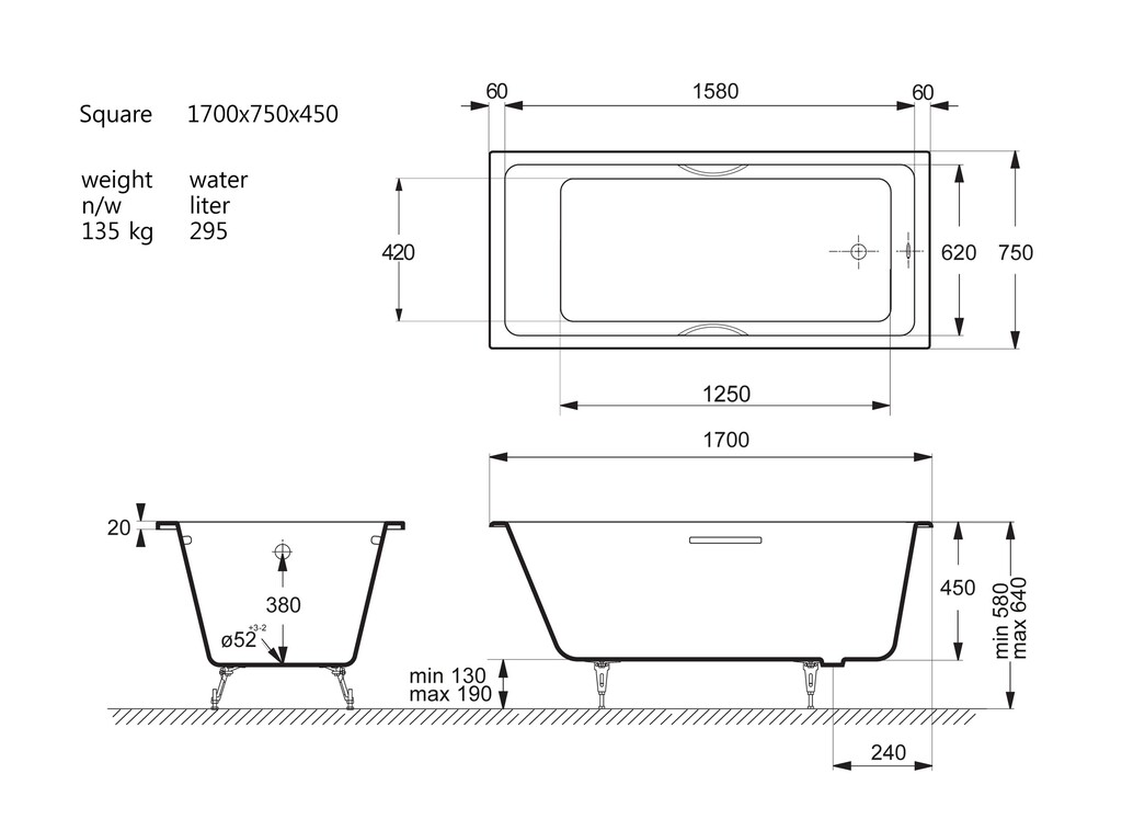 Чугунная ванна Vinsent Veron Square 170x75x45 с хромированными ручками