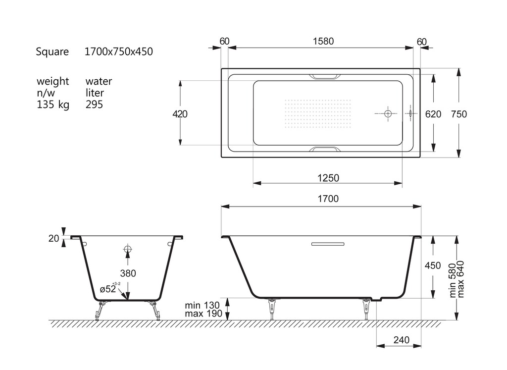 Чугунная ванна Vinsent Veron Square 170x75x45 с черными матовыми ручками и а/п