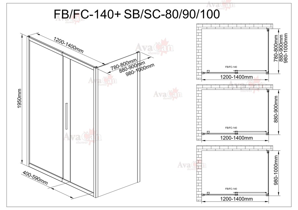 Душевое ограждение AvaCan FB 120-140-SB 90 MT 120-140x90