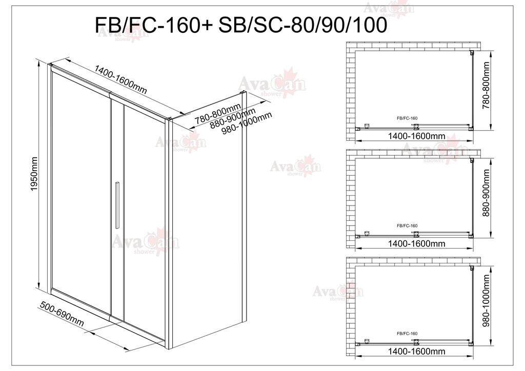 Душевое ограждение AvaCan FB 140-160-SB 80 MT 140-160x80