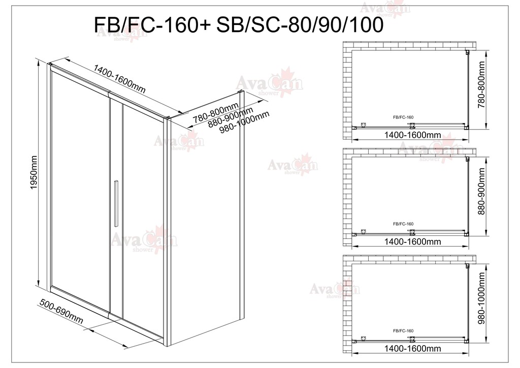 Душевое ограждение AvaCan FС 140-160-SС 100 MT 140-160x100