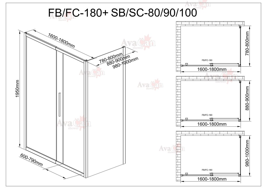 Душевое ограждение AvaCan FС 160-180-SС90 MT 160-180x90