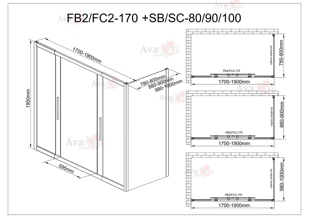 Душевое ограждение AvaCan FB2 170-190-SB80 MT 170-190x80