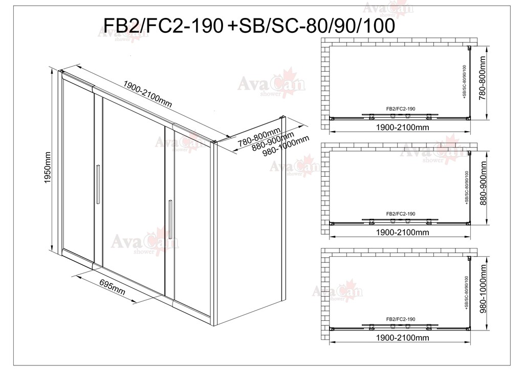 Душевое ограждение AvaCan FB2 190-210-SB80 MT 190-210x80