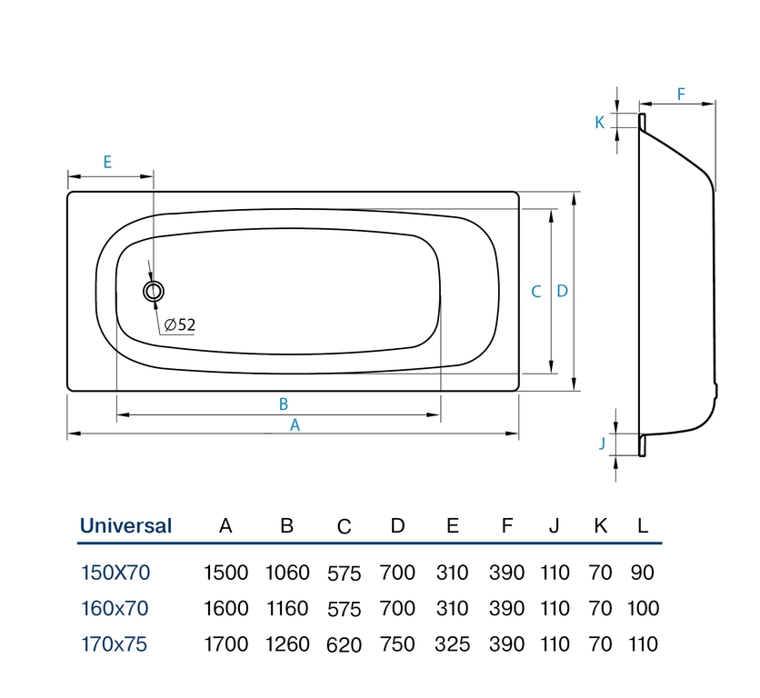 Стальная ванна Koller Pool Universal 170x75 B75HAH00E