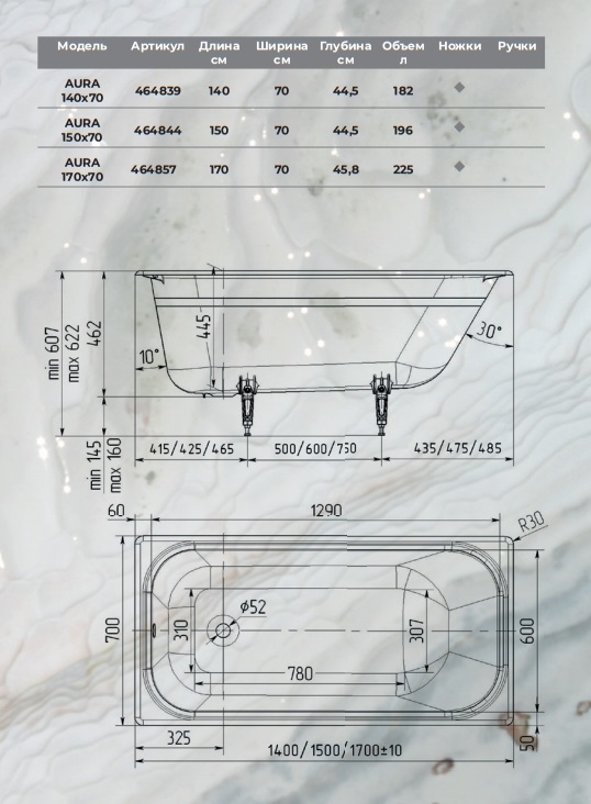 Чугунная ванна Maroni Aura Lux 150x70