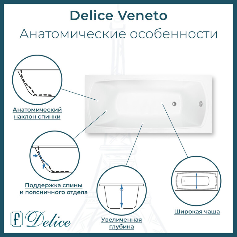 Ванна из искусственного камня Delice Veneto 180x75 глянцевая с ручками хром DLR330062R-G