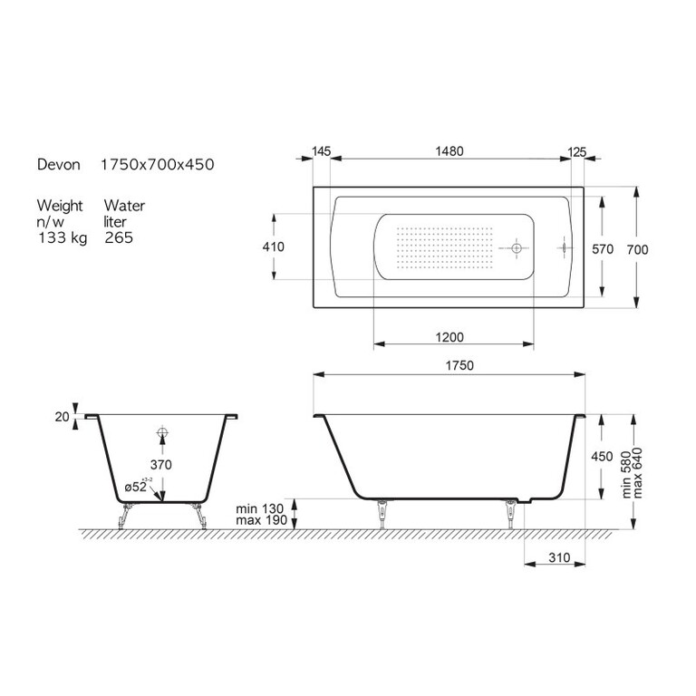 Чугунная ванна Vinsent Veron Devon 175x70x45 с ручками оружейная сталь и а/п