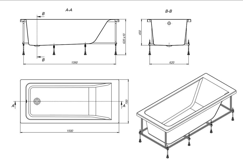 Акриловая ванна Roca Easy 150x70